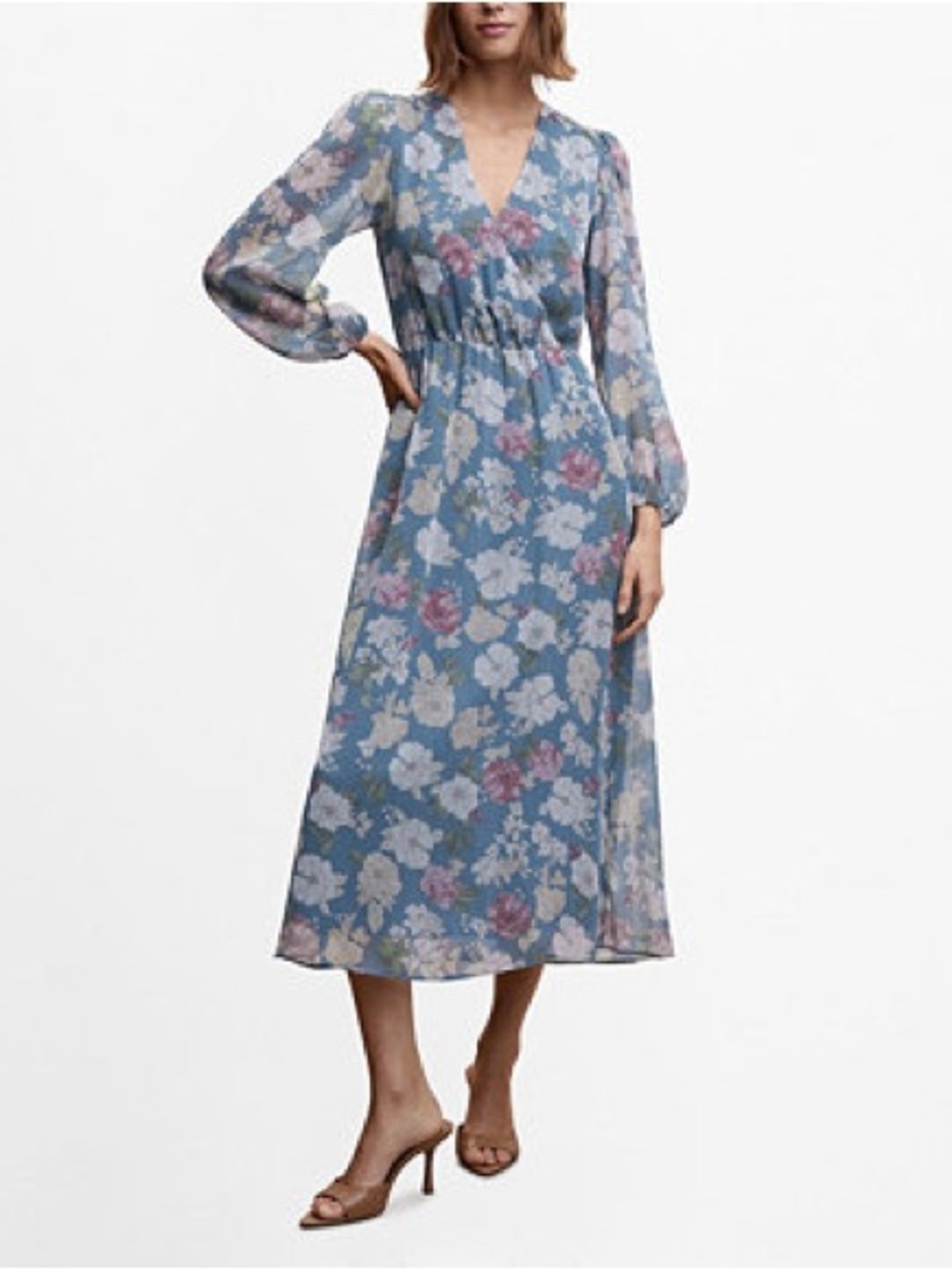 Mango Blue Floral Maxi Dress with Soft Pink & Cream Blooms